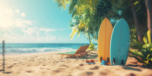 beach with surfboards, flip-flops, and sun loungers under bright sunlight, summer holiday theme