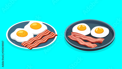 Illustration Set of Plate Breakfast Food Eggs and Bacons