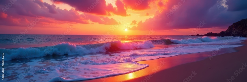 Fototapeta premium Vibrant orange and purple sunset hues over calm ocean waves, sandy beach , holiday, relaxation, vector