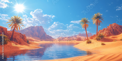 Desert Landscapes with Oasis and Bright Sun
