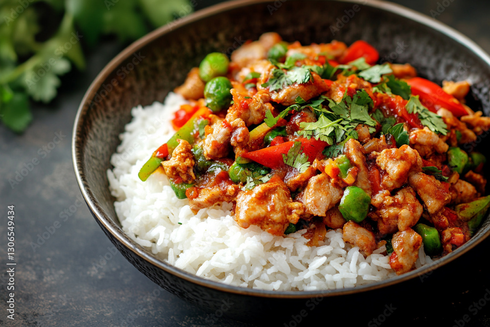 Fried pork in spicy sauce with vegetables, served with rice and herbs Fried pork in spicy sauce with vegetables, served with rice and herbs