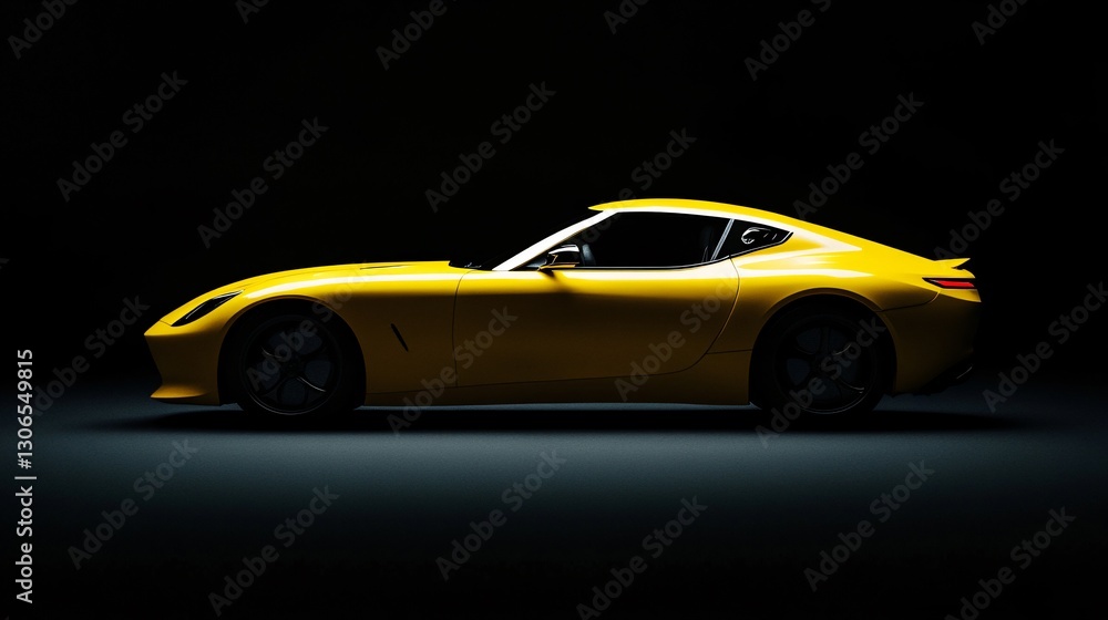 Brandless Yellow Sports Car Side Profile Low Angle Shot with Dramatic Lighting Against a Dark Background Brandless Yellow Sports Car Side Profile Low Angle Shot with Dramatic Lighting Against a Dark Background