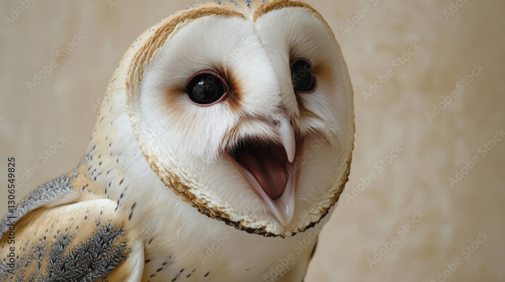 Fototapeta premium Close up of a barn owl with sharp details of white and brown feathers, large black eyes, and a soft golden background, ideal for wildlife conservation, educational materials, and nature inspired desig