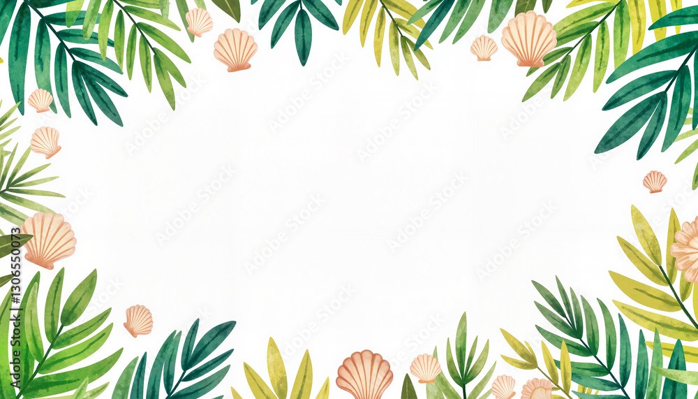 Tropical wedding border with palm leaves and seashells, romantic theme