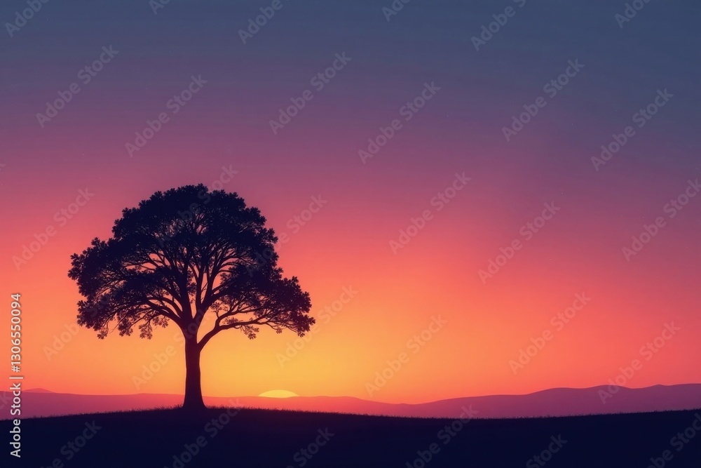 Serene Sunset Landscape Featuring a Solitary Tree Silhouetted Against a Vivid, Colorful Sky Serene Sunset Landscape Featuring a Solitary Tree Silhouetted Against a Vivid, Colorful Sky
