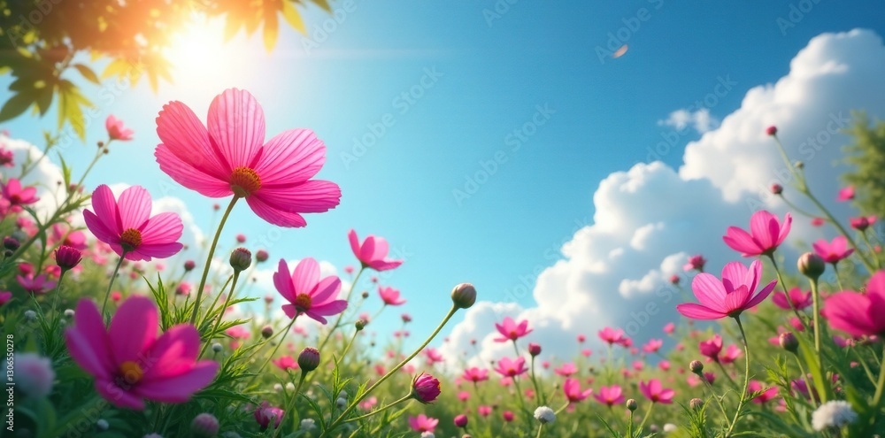 Fleurs de cosmos dans un jardin avec soleil et ciel bleu, feuilles, soleil Fleurs de cosmos dans un jardin avec soleil et ciel bleu, feuilles, soleil