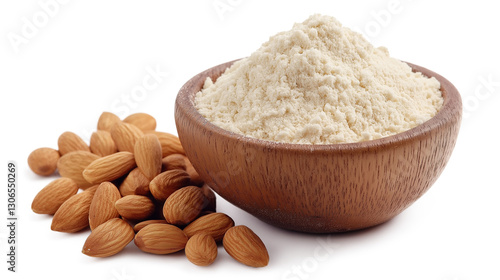 , Almond flour in a wooden bowl and almonds nut isolated on a white background