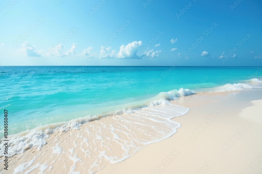 Fine white sand meets deep blue ocean; gentle waves caress the shore , sand, blue, tropical Fine white sand meets deep blue ocean; gentle waves caress the shore , sand, blue, tropical