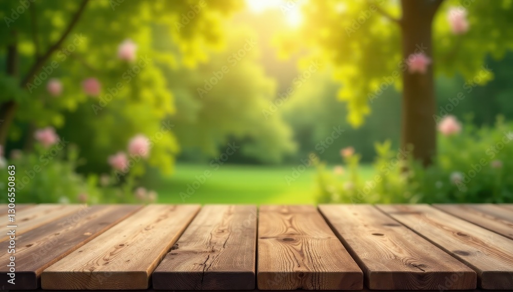 Fototapeta premium Rustic wooden table, blurry summer party scene, sunshine, old