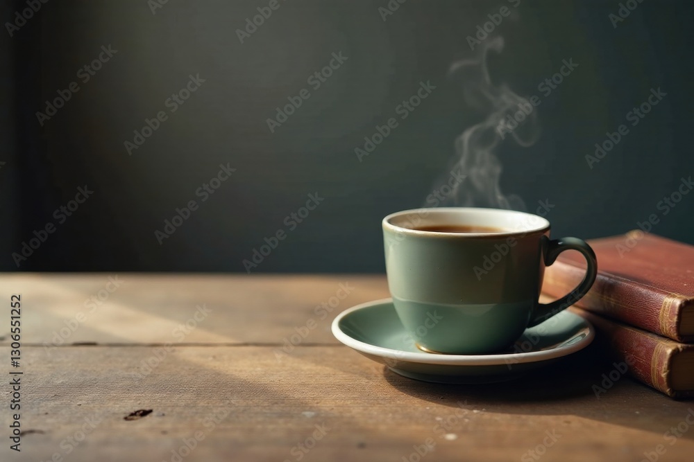 A steaming cup of coffee rests on a saucer beside aged books, bathed in sunlight on a rustic wooden surface A steaming cup of coffee rests on a saucer beside aged books, bathed in sunlight on a rustic wooden surface