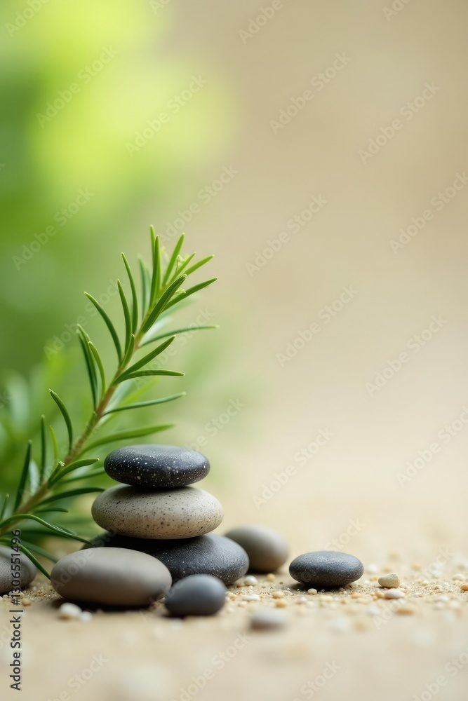 Peaceful forest scene with rosemary and pebbles on a neutral background, wellness, serenity, peaceful Peaceful forest scene with rosemary and pebbles on a neutral background, wellness, serenity, peaceful