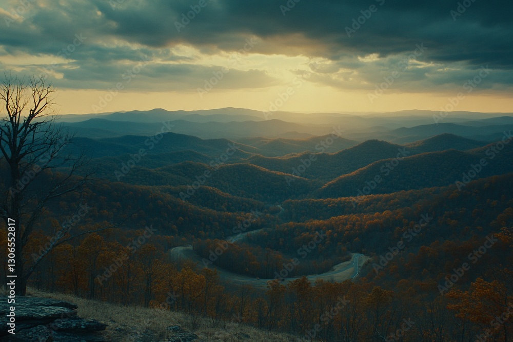 Autumn Sunset Over Winding Mountain Road Autumn Sunset Over Winding Mountain Road
