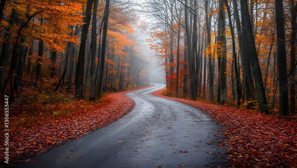 Obraz premium Autumn Foggy Road Winding Through Trees