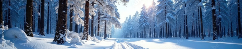 Fototapeta premium Snow-covered pine forest with bare trees and sparkling snow, wintry, winter scenery, frosty