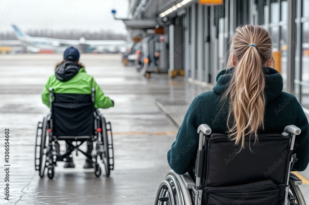 Obraz premium inclusion service to people with disabilities at the airport, two people in wheelchairs