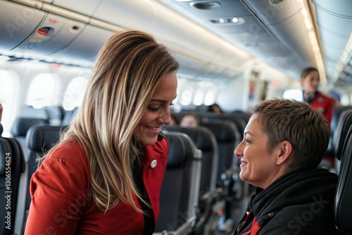 flight attendant assisting a passenger in a wheelchair inside the airplane cabin. inclusive service