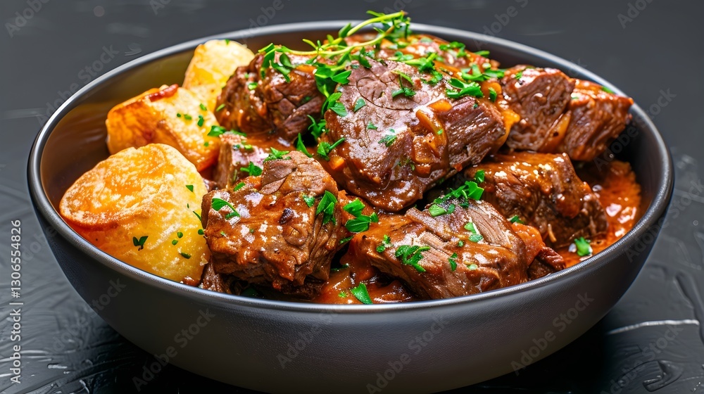 Tender Braised Beef Served with Crispy Potatoes and Herbs Tender Braised Beef Served with Crispy Potatoes and Herbs