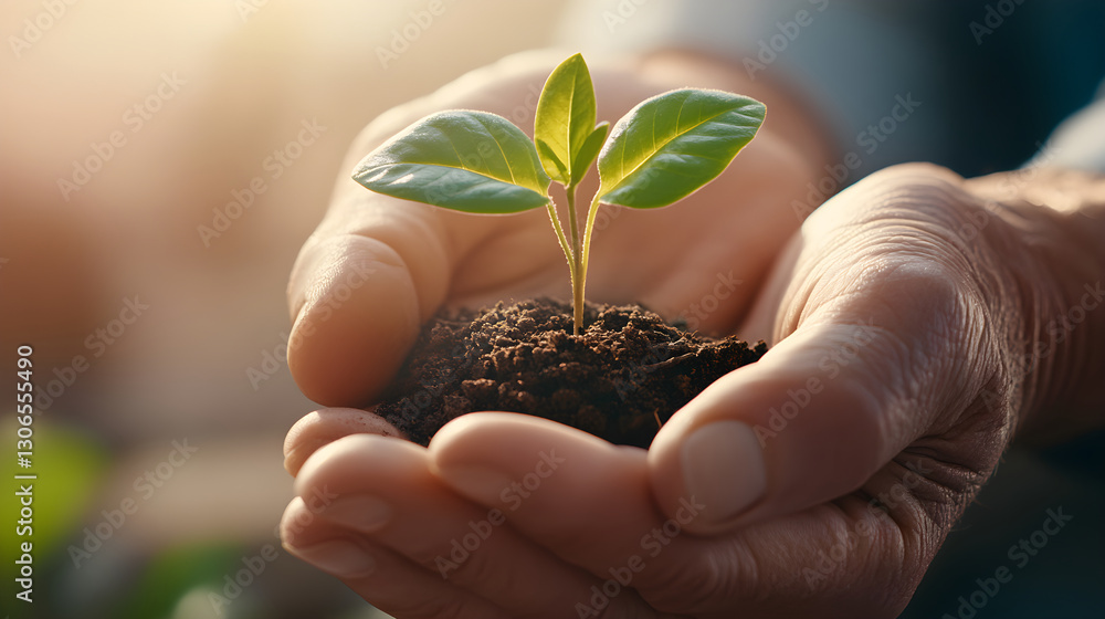 Farmer's hands planting young sprout with green leaves in pile of soil in garden. Growing plant on spring sun. Garden and harvest on early spring. Earth day concept. Ecology, and eco-friendly theme. Farmer's hands planting young sprout with green leaves in pile of soil in garden. Growing plant on spring sun. Garden and harvest on early spring. Earth day concept. Ecology, and eco-friendly theme.