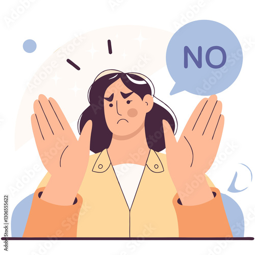 Title: Woman saying no concept illustration expressing refusal rejection and personal boundaries  

