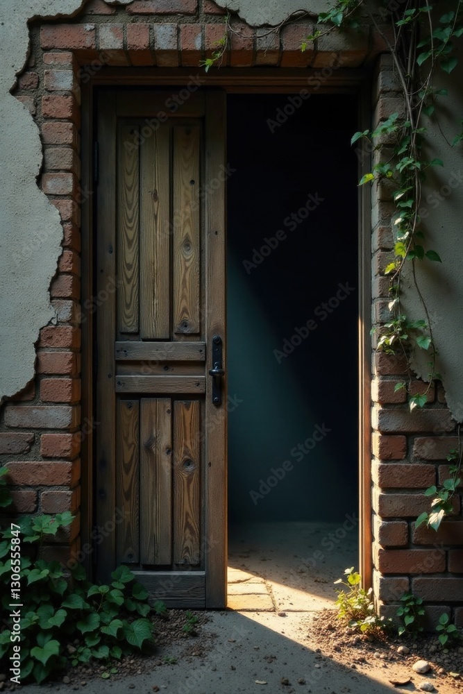 A Rustic Wooden Door Ajar, Revealing a Mysterious Dark Interior, Framed by Weathered Brick and Lush Greenery A Rustic Wooden Door Ajar, Revealing a Mysterious Dark Interior, Framed by Weathered Brick and Lush Greenery
