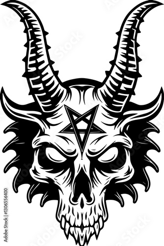 SVG vector features dark fantasy demons and monsters. Intricate Black and White Demon Skull with Horns and Symbol