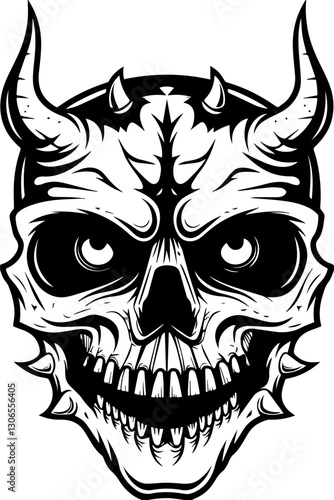 SVG vector features dark fantasy demons and monsters. Detailed Black and White Demon Skull Illustration with Horns