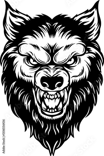 SVG vector features dark fantasy demons and monsters. Fierce Wolf Head Design in Black and White, Intense Expression
