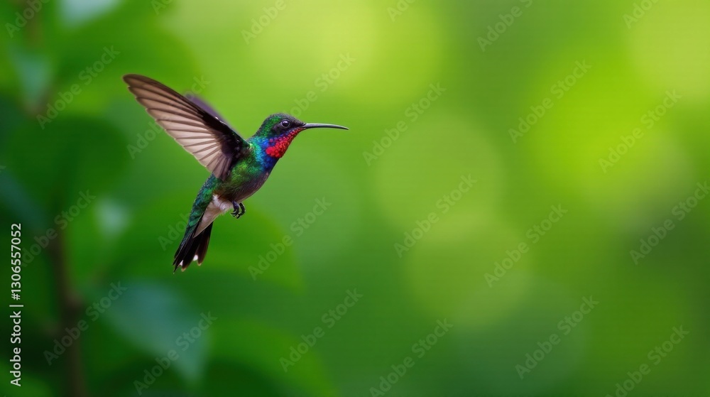 Fototapeta premium A Vibrant Hummingbird in Flight Against a Lush Green Background, Displaying its Iridescent Plumage and Graceful Movement in Nature