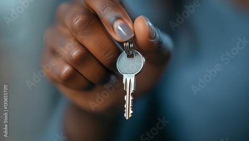 A close-up shot of an African American real estate agent's hand holding the keys to their new home, symbolizing security and home ownership. The focus is on capturing intricate details in the skin