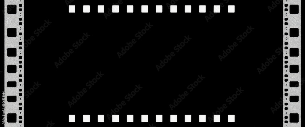 Film strip frame with black backdrop for text graphics with sprocket holes and frame indicators Film strip frame with black backdrop for text graphics with sprocket holes and frame indicators