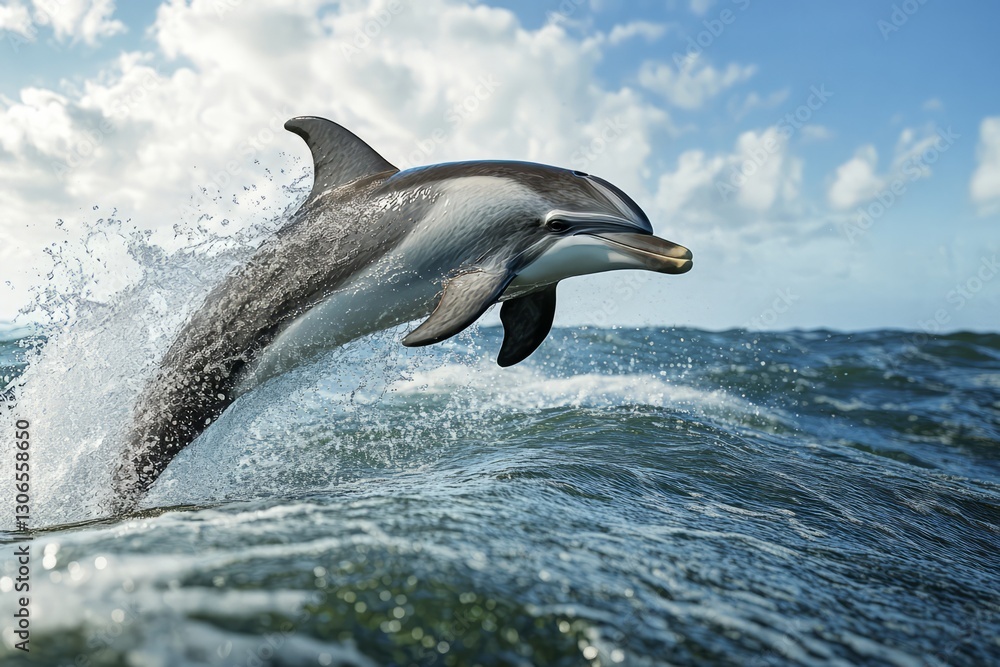 Obraz premium A realistic dolphin leaping out of the water, full body, no background, white background, no shadow on all sides of its head and tail, ultra-detailed rendering style, hyper-realistic animal