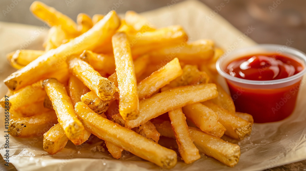 Delicious French fries with ketchup on a white plate Delicious French fries with ketchup on a white plate