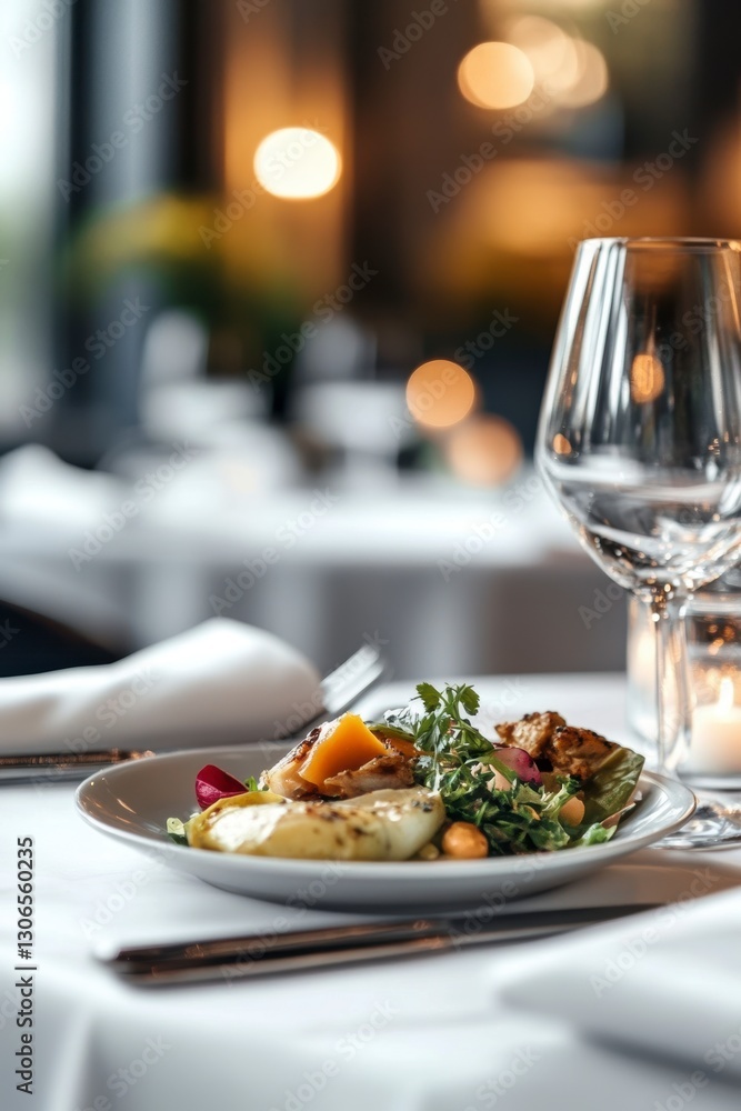Gourmet Salad Plate with Grilled Vegetables and Cheese in a Dimly Lit Restaurant Gourmet Salad Plate with Grilled Vegetables and Cheese in a Dimly Lit Restaurant