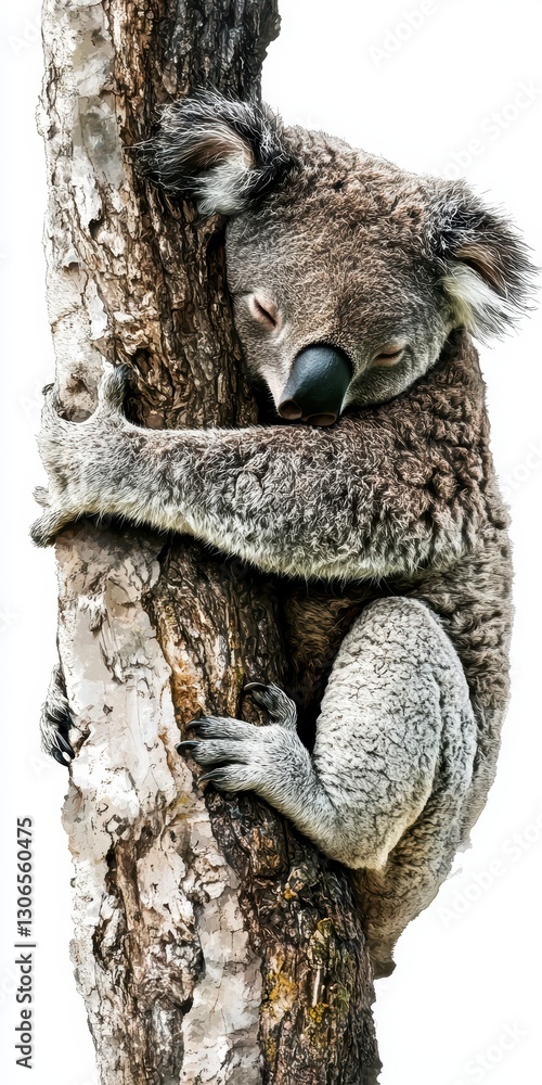 Obraz premium Gray Koala Sleeping on a Tree Trunk