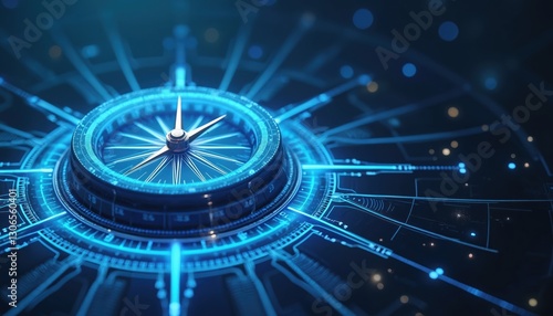 Wallpaper Mural Enhanced compass illustration against blue backdrop. Clock shows time. Circle design with technology concept. Art radar watch, shape, arrow, digital zodiac direction analysis showing connectivity, Torontodigital.ca