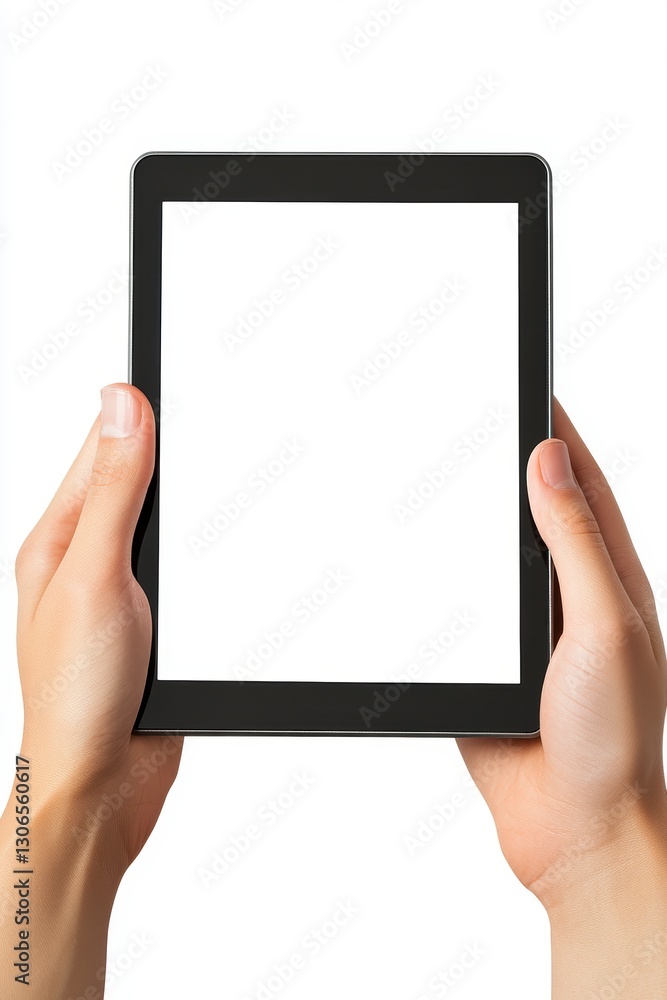 Hands Holding Black Tablet with Blank White Screen Hands Holding Black Tablet with Blank White Screen