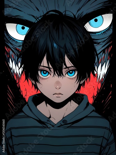 Dark anime-style illustration of a boy with intense blue eyes, wearing a striped sweater, surrounded by eerie, staring eyes in the background.  