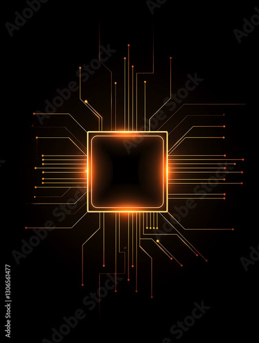 Outline of a cutting-edge computer chip, simple neon, glowing weakly, black background