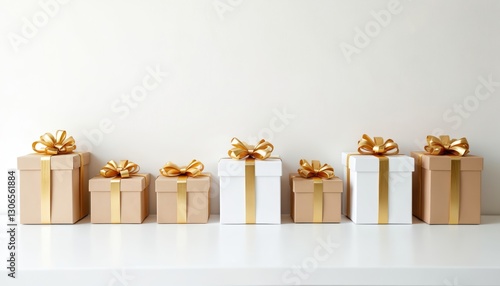 Wallpaper Mural Various gift boxes stand in row on white surface. Beige, white colors. Golden ribbons, bows. Presents for birthday party, Christmas, New Year, anniversary, wedding. Congratulation concept, online Torontodigital.ca