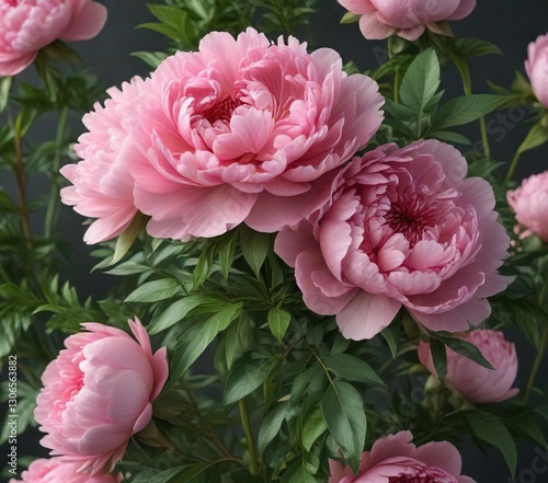 Fresh pink peony bouquet with lush greenery and rose stems , rose bouquet, peony flowers