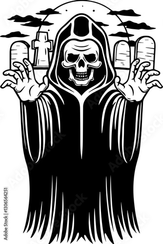 SVG vector features dark fantasy and occult magic. Dark Grim Reaper with Outstretched Arms in Spooky Graveyard