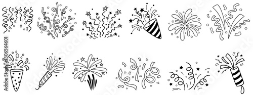 Doodle fireworks with confetti, stars and sparks. Lightning, explosion, sunburst, fireworks, bling, motion effects. Hand draw line elements for birthday, anniversary, Christmas, party and invitation