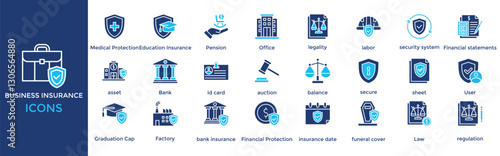 business insurance icon set. with icon insurance agent, Risk Management, Medical Protection, Education Insurance, Pension, Office, legality sheet, User, Graduation Cap, Factory, bank insurance, busine