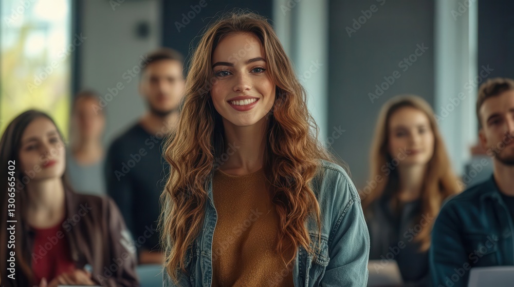 Fototapeta premium Young Woman Smiling Among Others in a Modern Classroom Setting