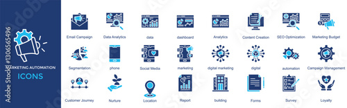 marketing automation icon set. with icon Data Analytics, data, dashboard, Analytics, Content Creation