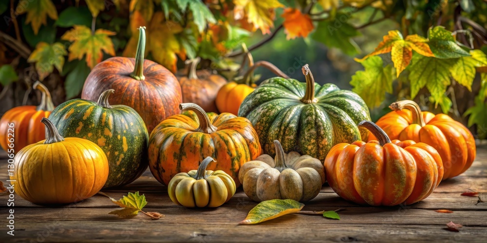 Autumn harvest abundance a delightful display of gourds and fall foliage on rustic wood Autumn harvest abundance a delightful display of gourds and fall foliage on rustic wood