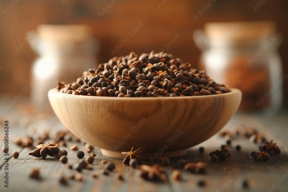 Cloves in Wooden Bowl, Rustic Setting Cloves in Wooden Bowl, Rustic Setting