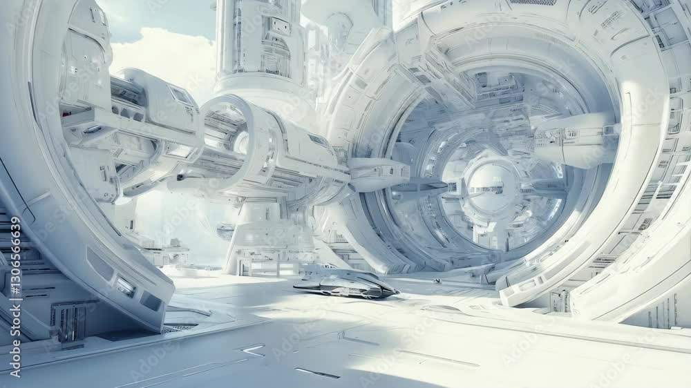 Futuristic space station with large, circular structures and white ...