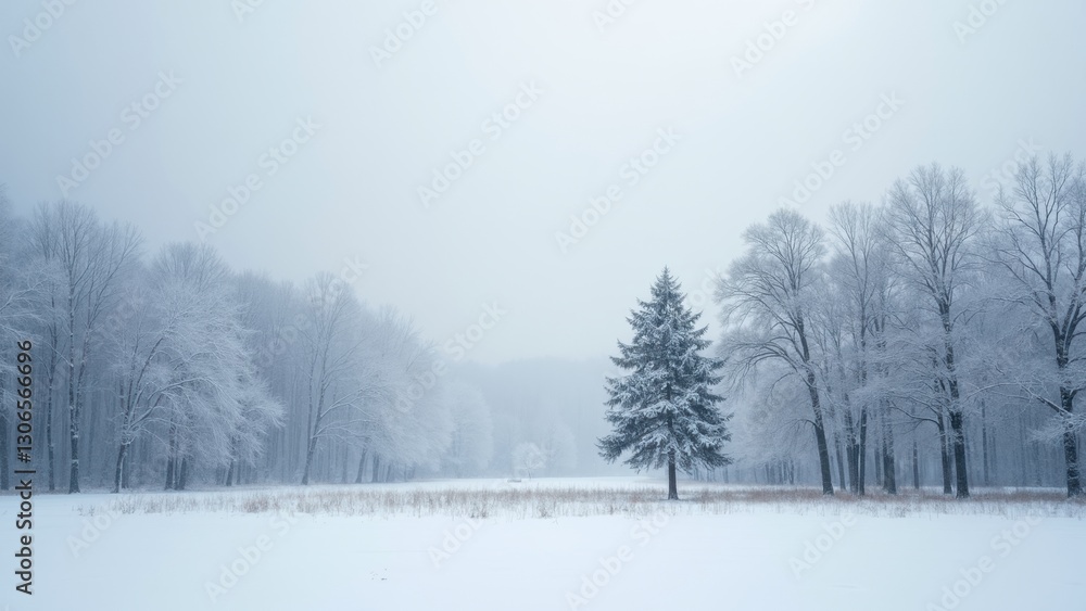 Fototapeta premium Snowy field with a lone tree in the middle. The sky is overcast and the snow is falling
