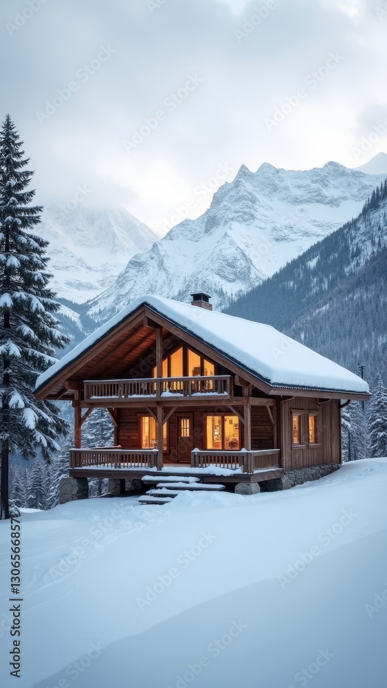 Fototapeta premium Cozy cabin in the mountains with a wood-paneled exterior and a large fireplace. The cabin is surrounded by snow and has a view of the mountains
